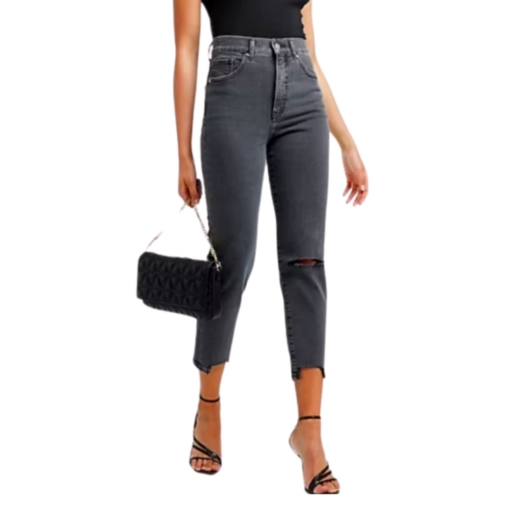 Super High Waisted Black Ripped Raw Hem Mom Jeans